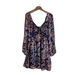 Very J Dress Womens Large Navy Purple Floral Boho Long Sleeve Lined Tie Front